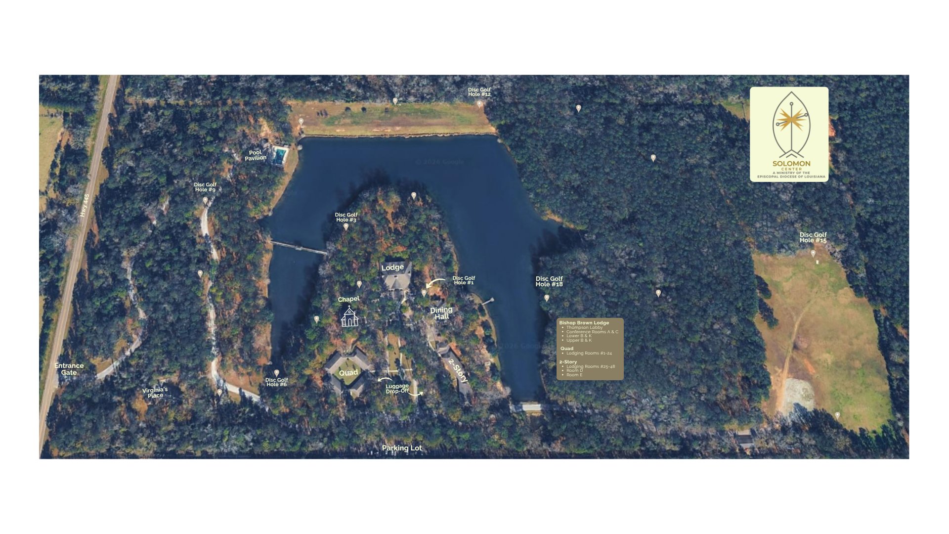 Aerial map of the Solomon Center showing the lake, Lodge, Chapel, Dining Hall, Quad and 2-Story lodging, Pool Pavilion, and the locations of disc golf holes across the 200-acre property